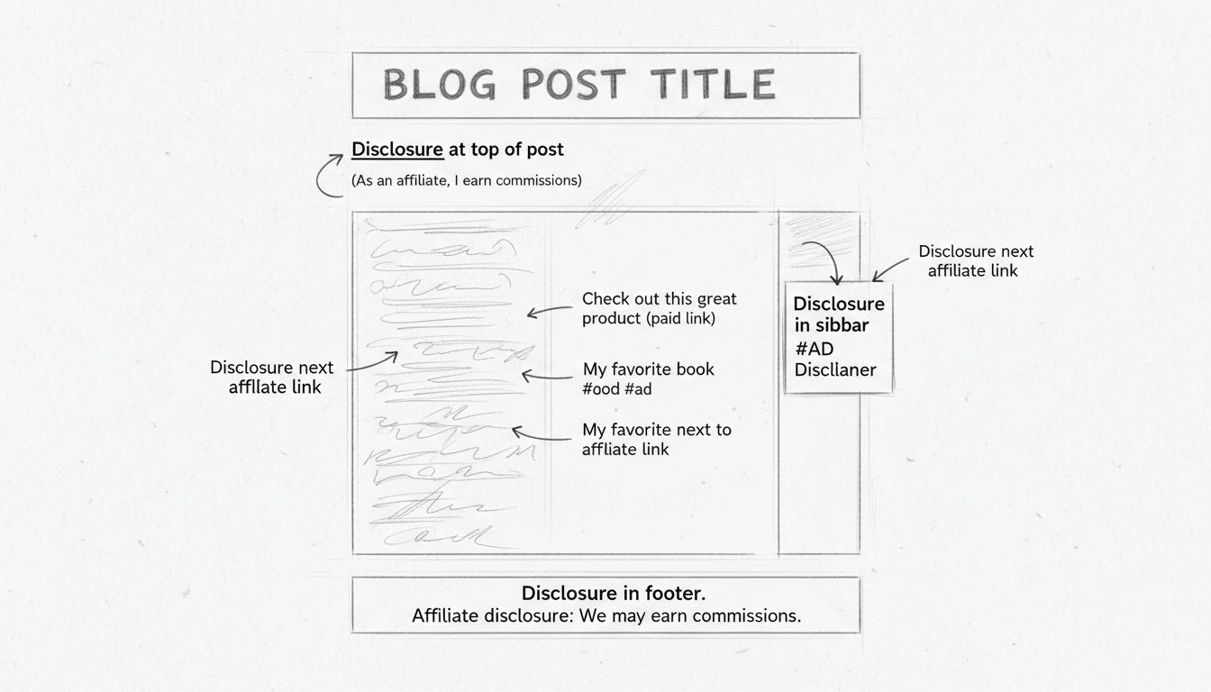 Diagrama hecho a mano que muestra las mejores prácticas para la ubicación de divulgaciones de afiliados con etiquetas para la parte superior de la publicación, junto a los enlaces, pie de página y ubicaciones en la barra lateral