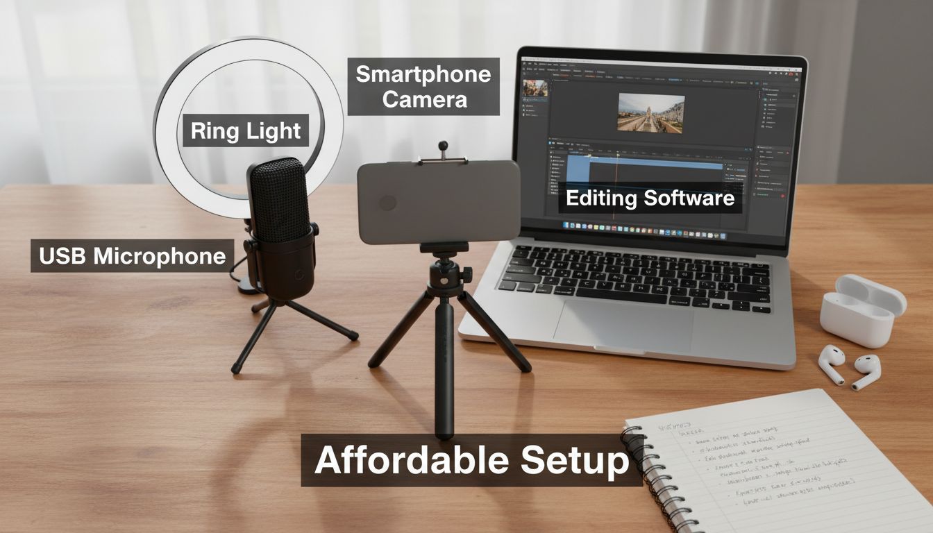 Configuración de equipo asequible para creación de videos: smartphone en trípode, micrófono USB, aro de luz y laptop para edición
