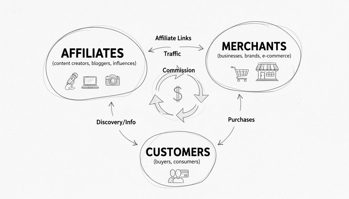 Diagrama del ecosistema del marketing de afiliados que muestra la relación entre afiliados, comerciantes y clientes con flechas que indican el flujo de tráfico, enlaces de afiliado, comisiones y ventas