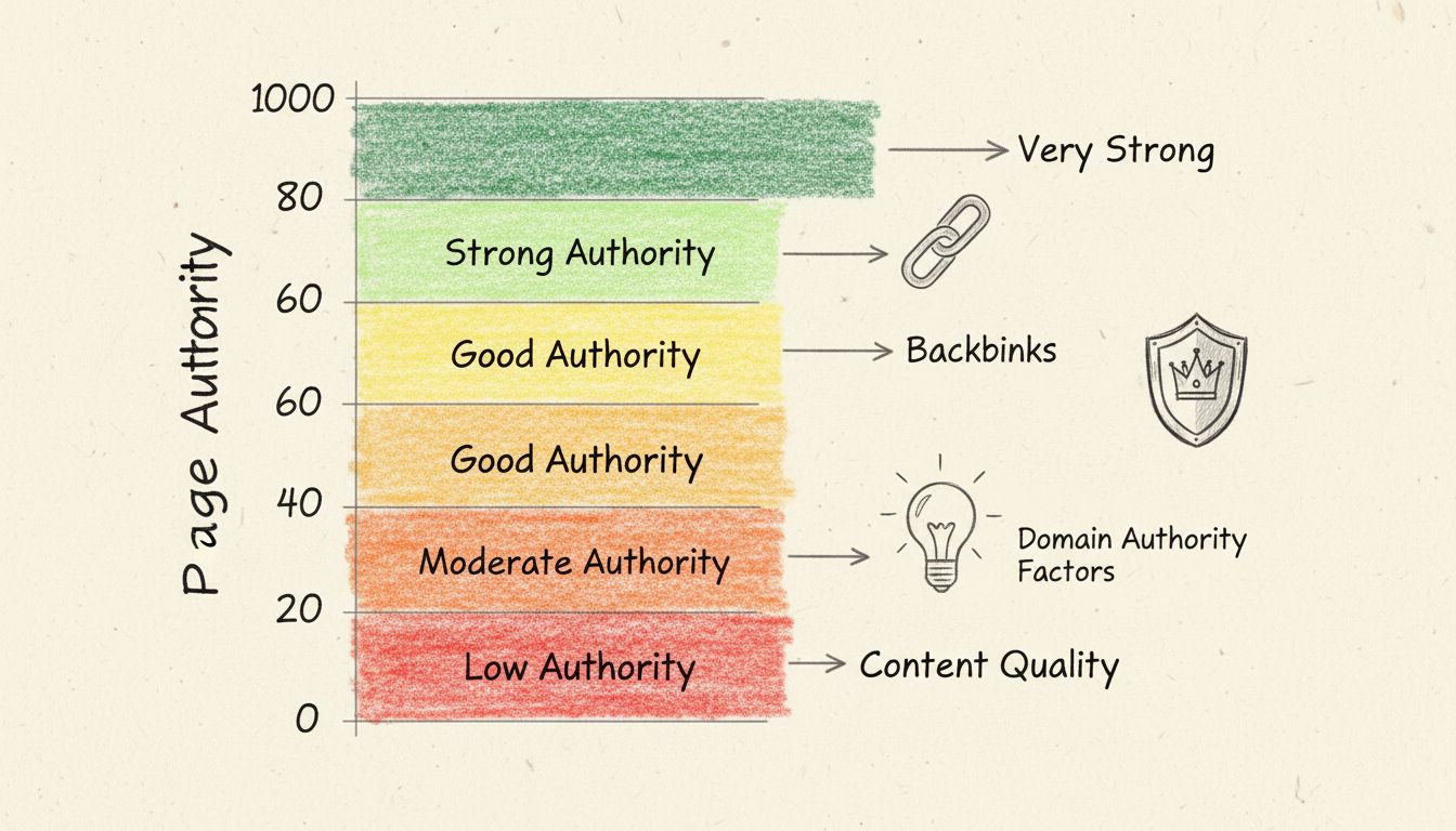 Diagrama de la escala de Page Authority mostrando zonas codificadas por color del 0 al 100 con niveles de autoridad y factores contribuyentes