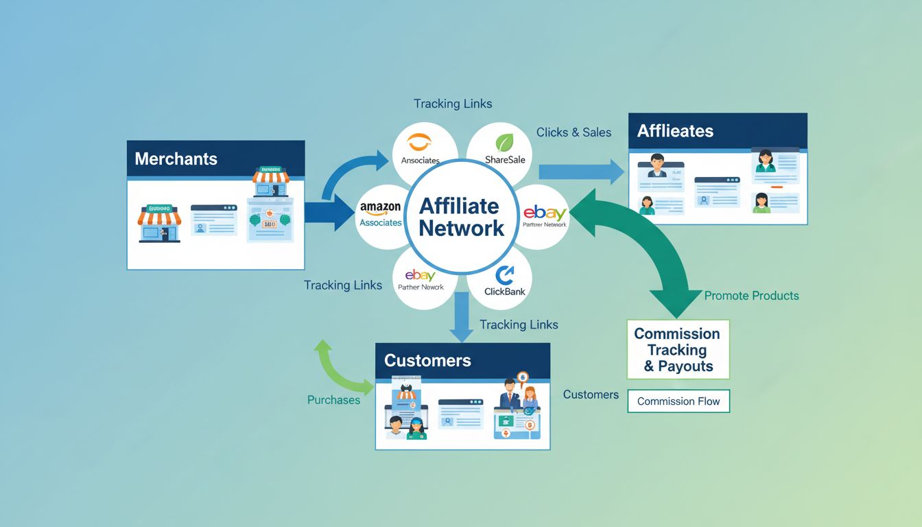 Diagrama del ecosistema de red de afiliados mostrando comerciantes, afiliados, clientes y el flujo de seguimiento de comisiones