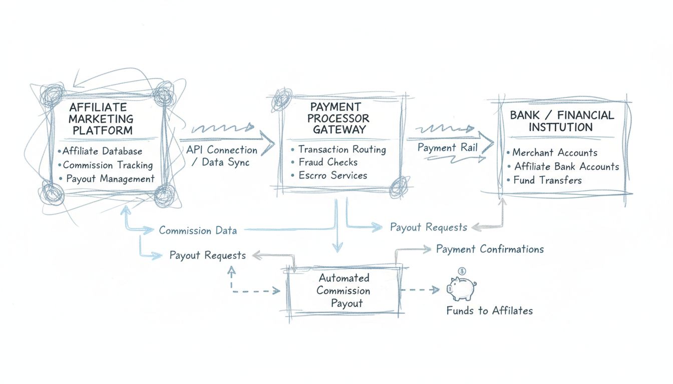 Diagrama del flujo de integración de procesadores de pago mostrando la plataforma de marketing de afiliados conectada a la pasarela de pago e institución financiera