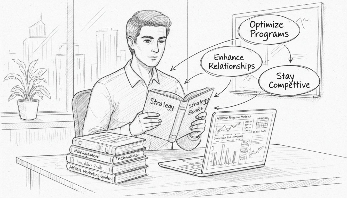 Affiliate marketing manager reading business books with strategy diagrams showing optimization benefits
