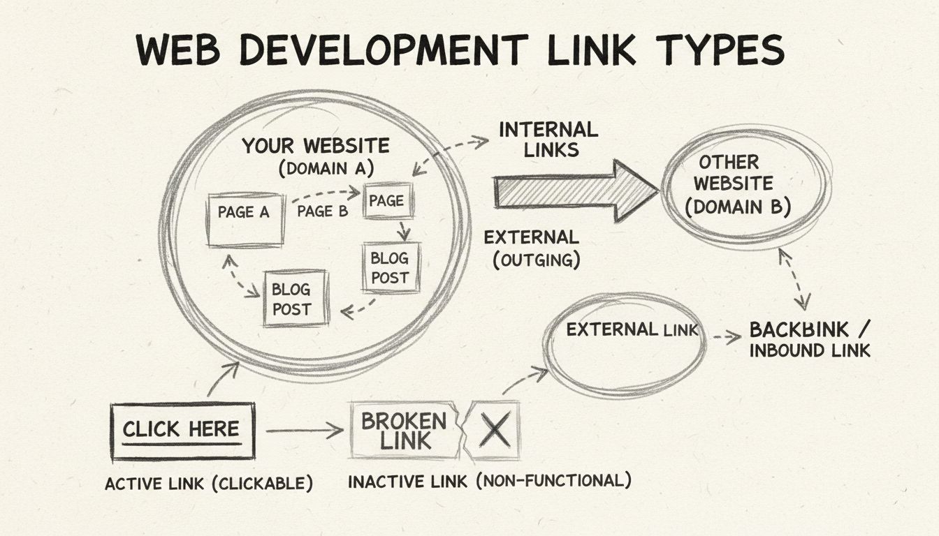 Diagrama a mano alzada que muestra diferentes tipos de enlaces, incluyendo enlaces internos, externos, backlinks, enlaces activos e inactivos con flechas direccionales