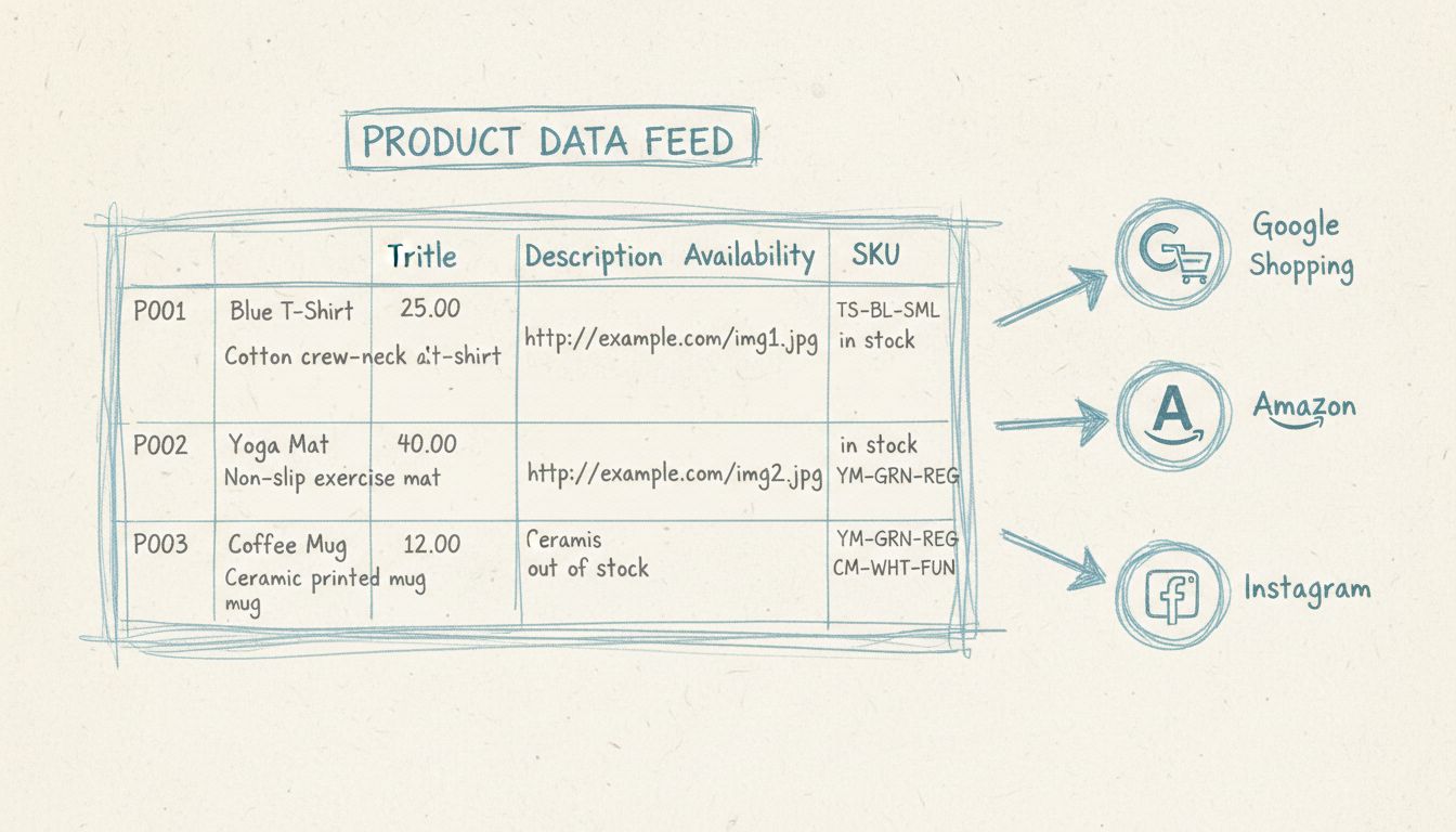 Diagrama de estructura de feed de producto mostrando hoja de cálculo con datos de productos fluyendo a múltiples plataformas