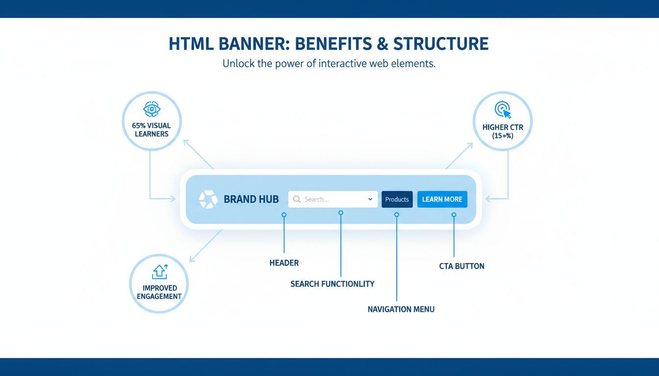 Infografía de beneficios de banners HTML mostrando elementos interactivos, métricas y características de engagement