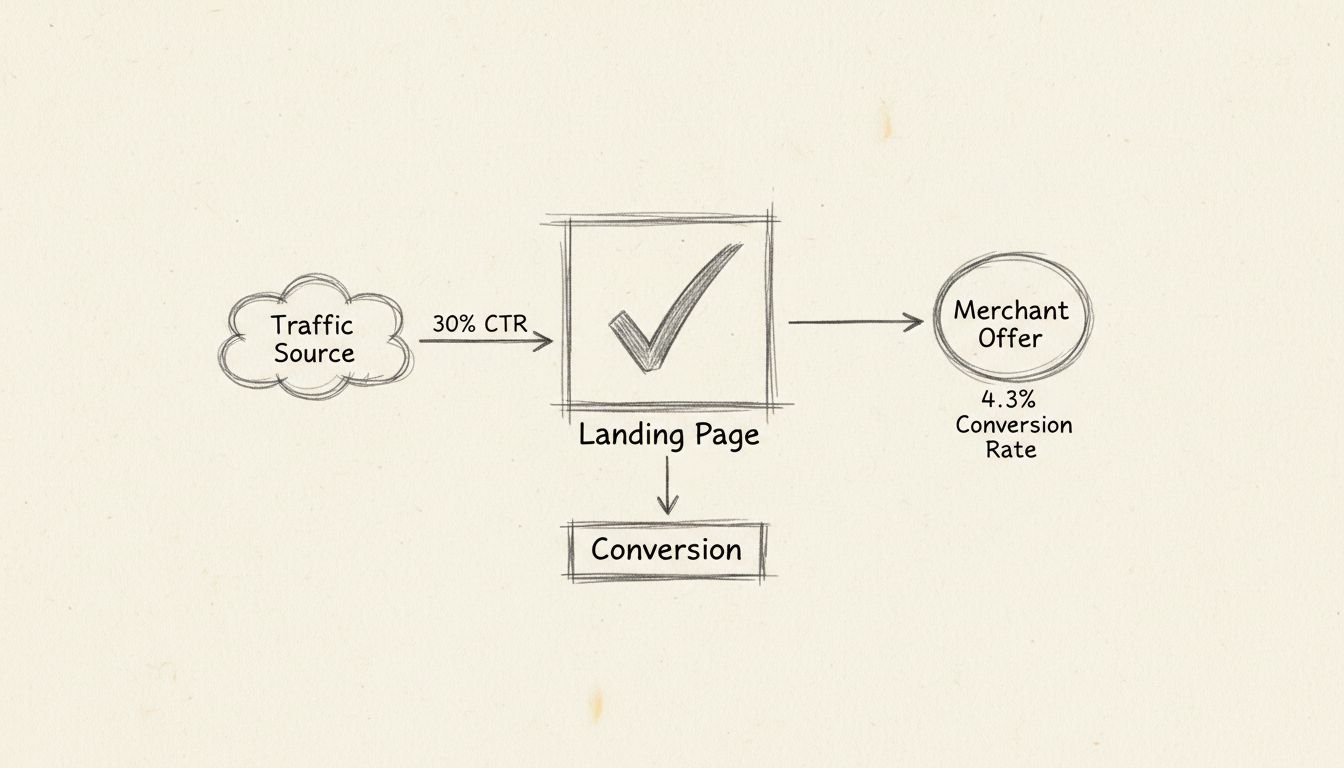 Diagrama del embudo de marketing de afiliados mostrando fuente de tráfico fluyendo a través de la página de destino hacia la oferta del comerciante con métricas de conversión