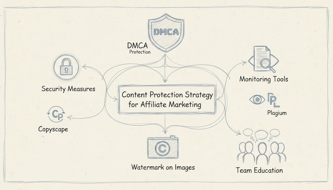 Diagrama de estrategia de protección de contenido mostrando candado de seguridad, escudo DMCA, herramientas de monitoreo, aviso de copyright, marca de agua y métodos de educación para el equipo