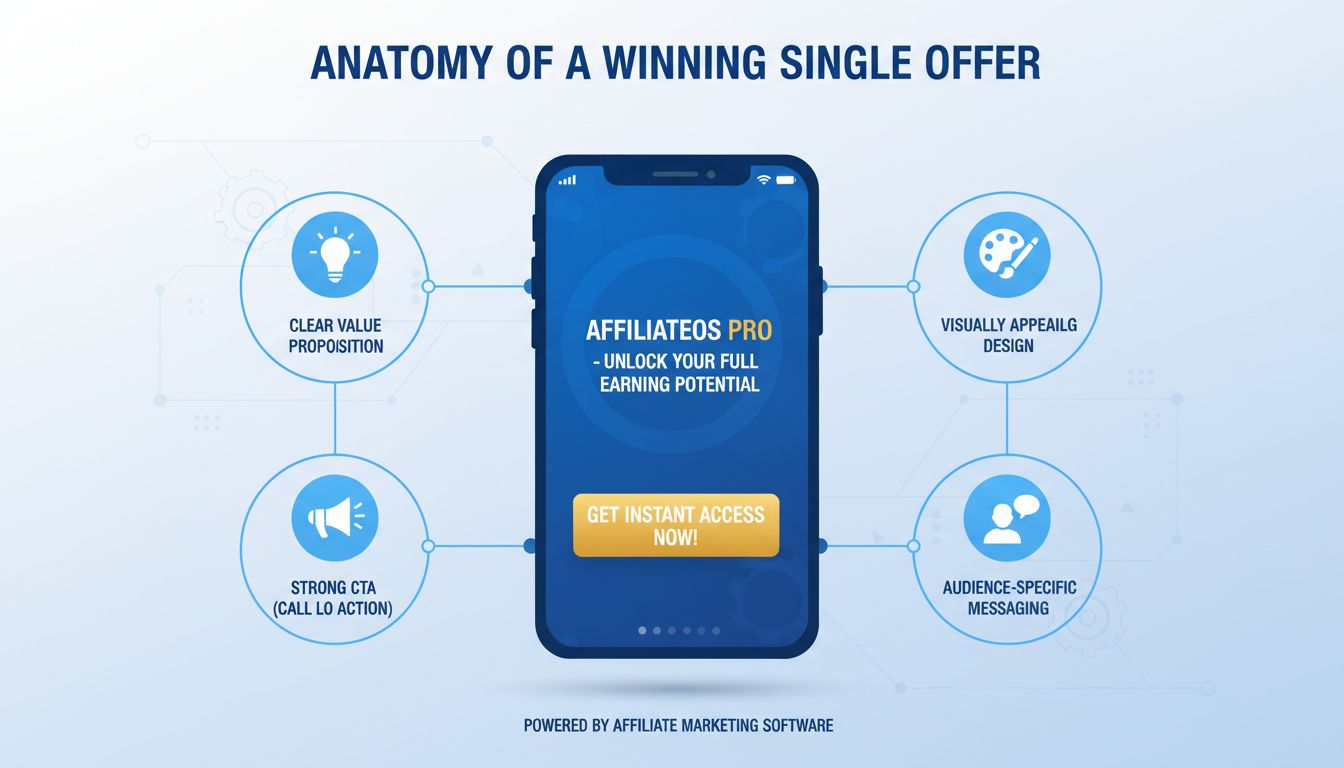 Infografía que muestra los componentes clave de ofertas únicas efectivas, incluyendo propuesta de valor, atractivo visual, CTA y segmentación de audiencia