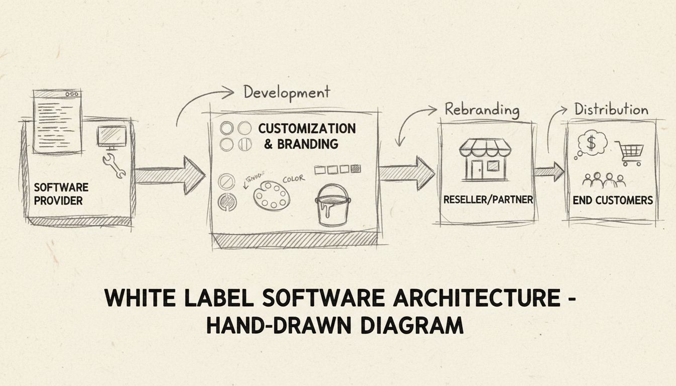 Diagrama de arquitectura de software de marca blanca que muestra el flujo de trabajo del proveedor, la personalización y el revendedor
