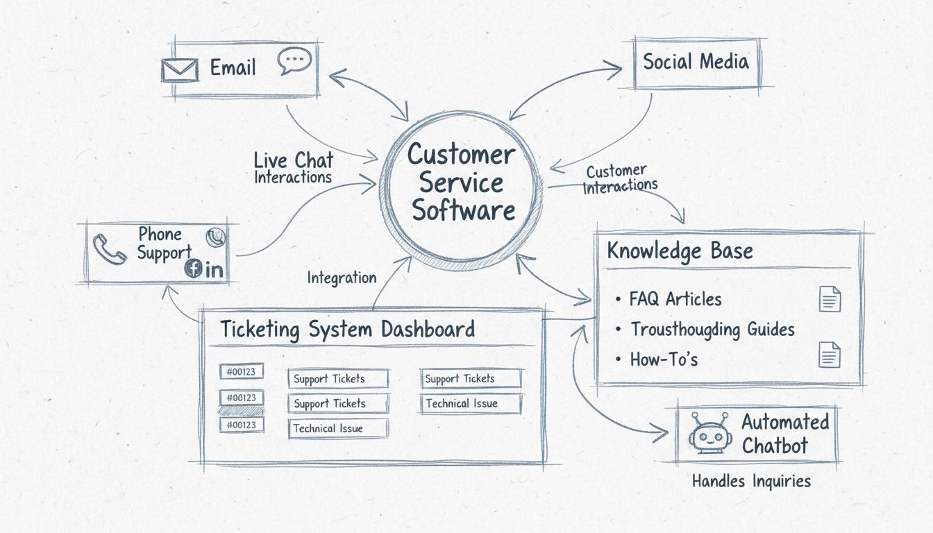 Diagrama de Arquitectura de Software de Atención al Cliente que muestra un centro central con canales, sistema de tickets, base de conocimientos e integración de chatbot