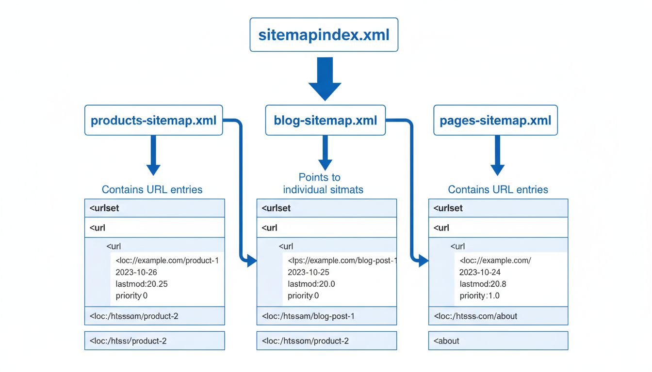 Diagrama de estructura de sitemap XML mostrando un índice de sitemap conectado a varios sitemaps individuales con entradas de URLs