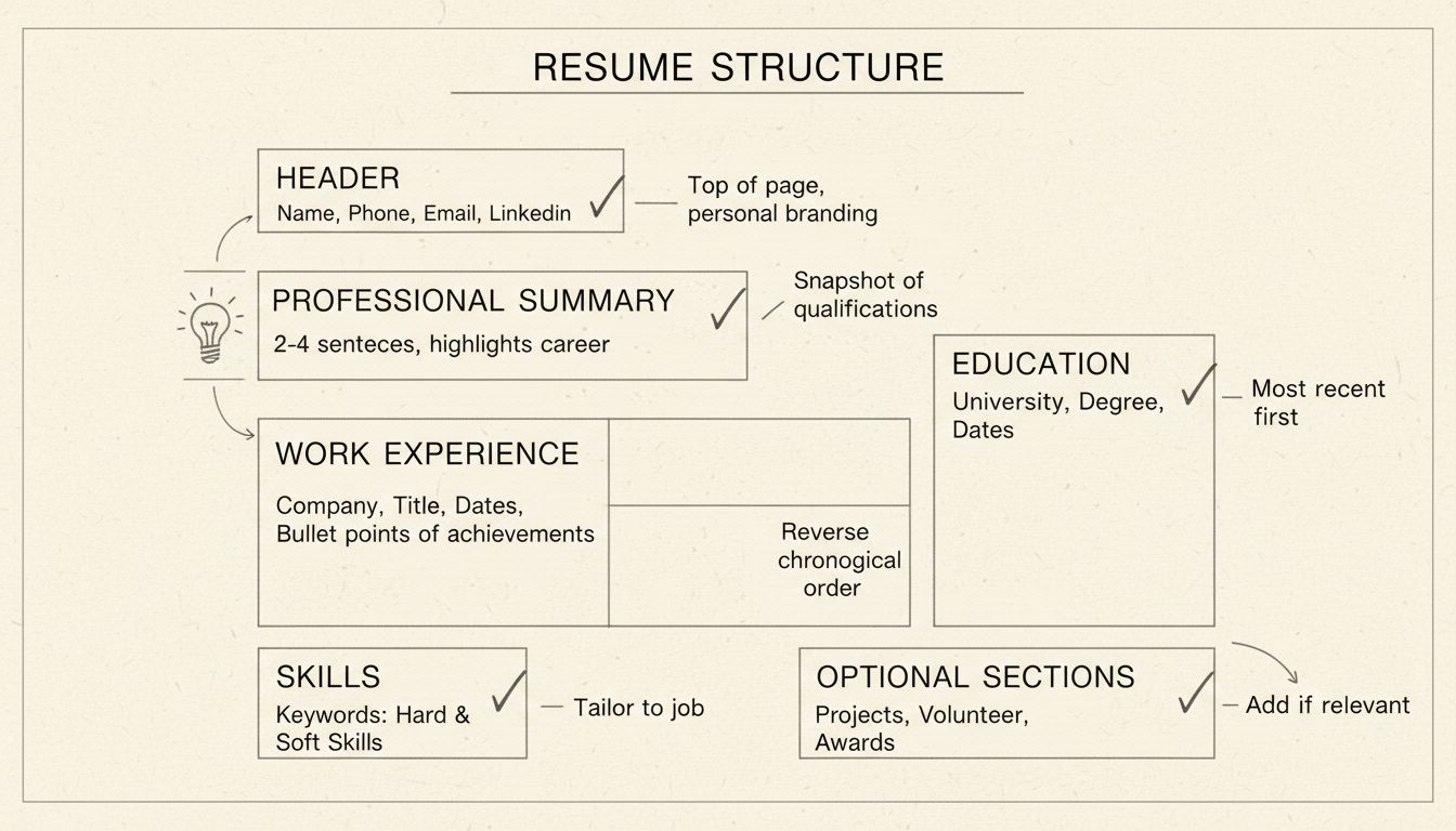 Diagrama de estructura de esquema de currículum que muestra encabezado, resumen profesional, experiencia laboral, educación, habilidades y secciones opcionales con anotaciones