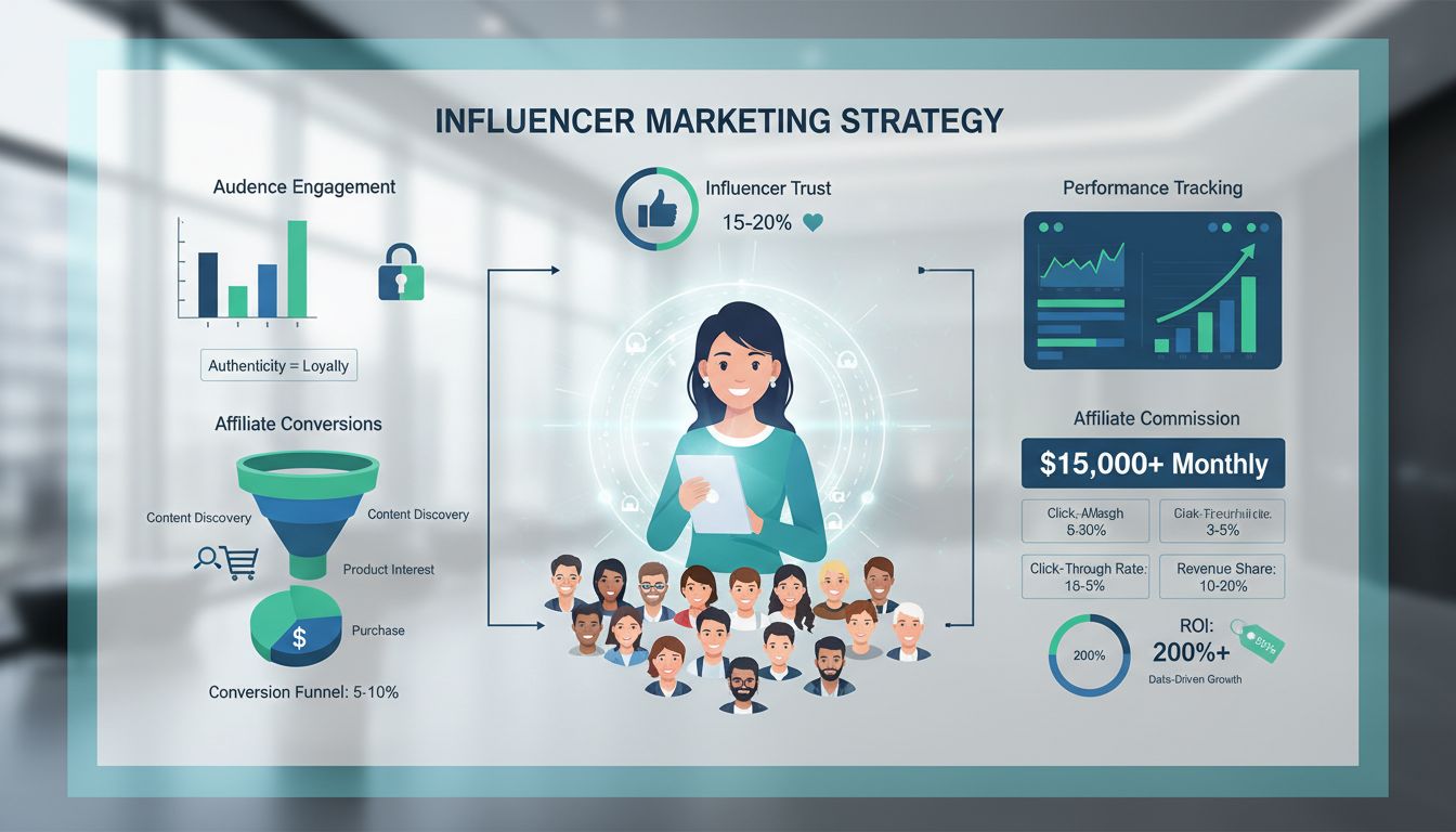 Estrategia de marketing de influencers mostrando confianza, engagement de audiencia, conversiones de afiliados y métricas de seguimiento de rendimiento