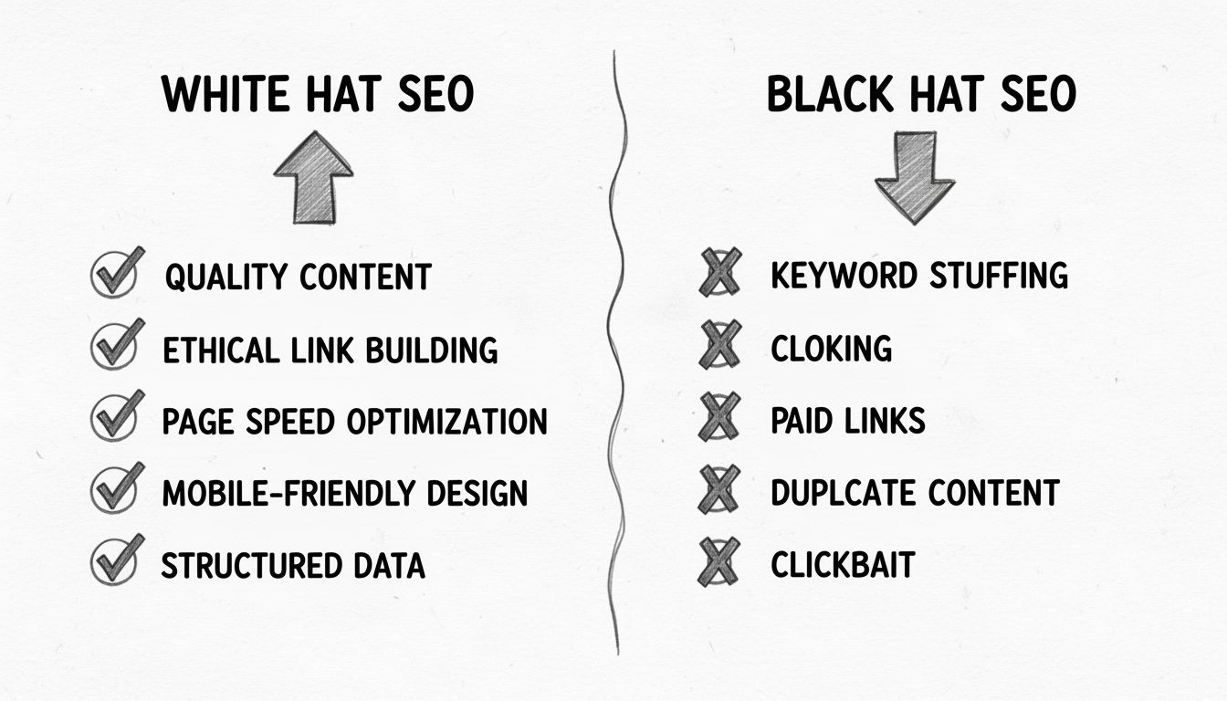 Diagrama comparativo de técnicas SEO white hat vs black hat mostrando prácticas éticas con marcas de verificación y prácticas engañosas con marcas de X