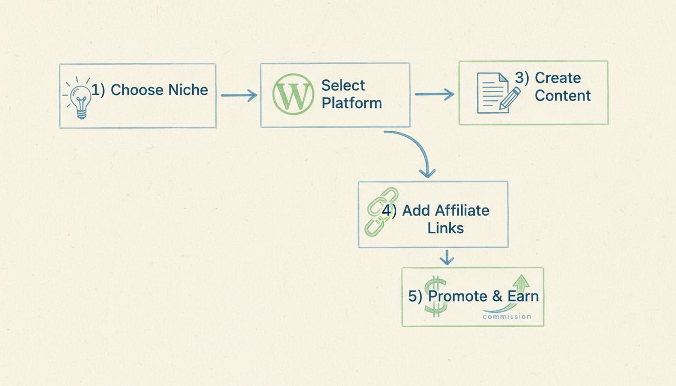 Proceso paso a paso para crear un sitio web de marketing de afiliados mostrando cinco pasos principales: Elegir Nicho, Seleccionar Plataforma, Crear Contenido, Añadir Enlaces de Afiliados y Promocionar & Ganar