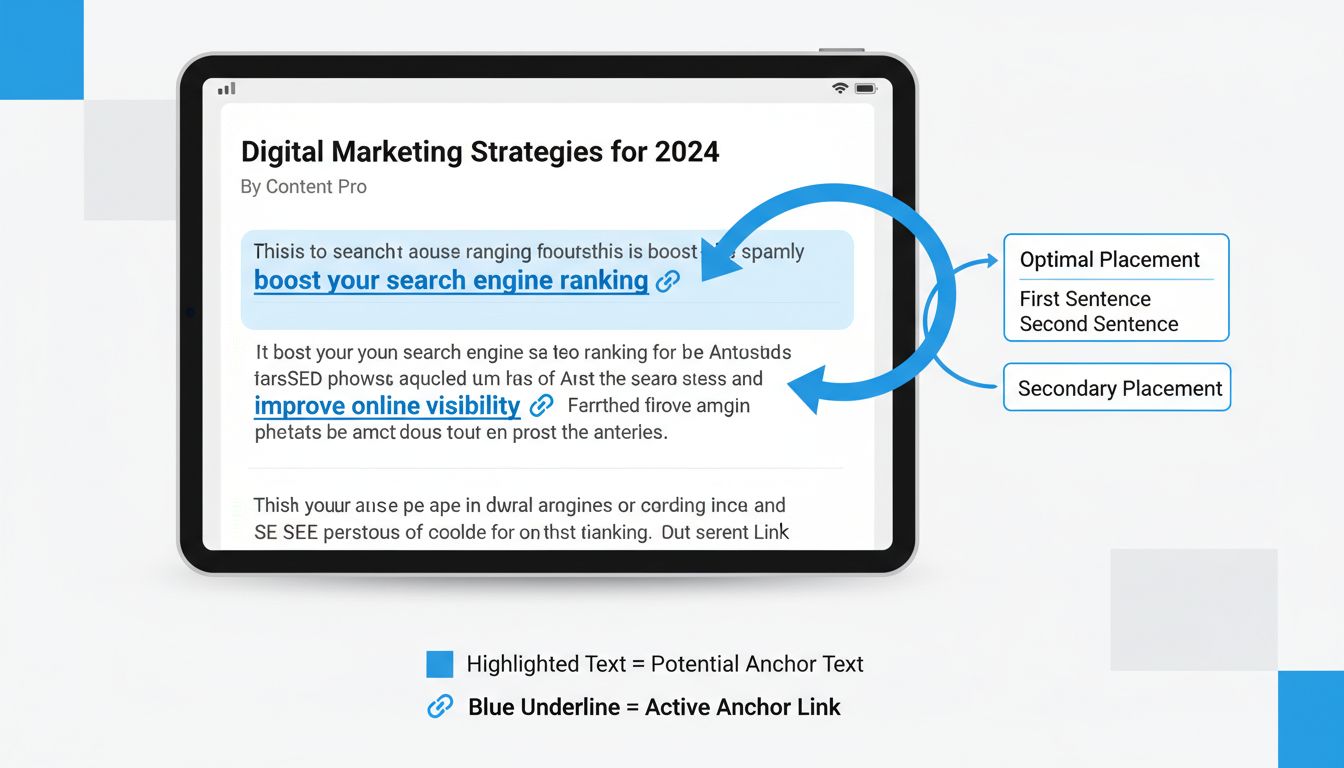 Diagrama que muestra la ubicación óptima del texto ancla en la primera y segunda oración del contenido con indicadores visuales