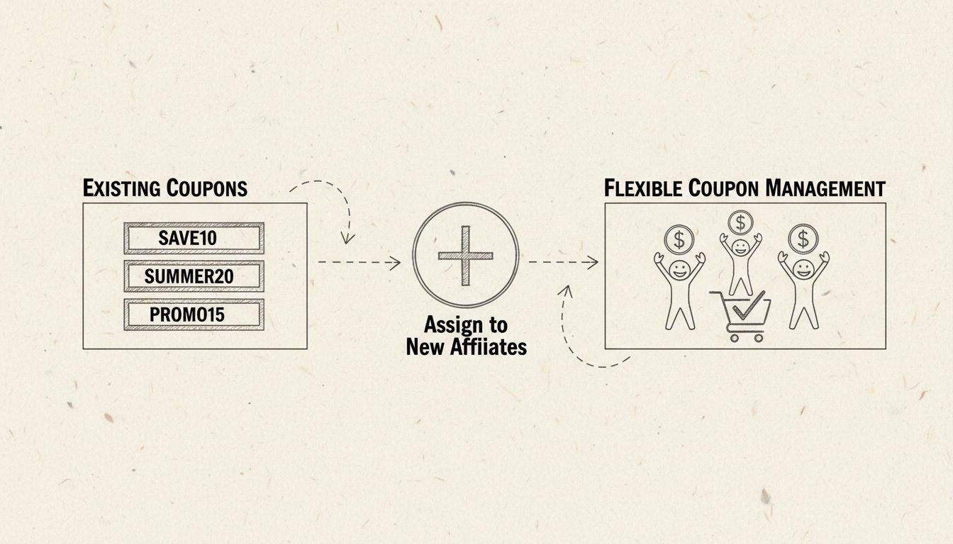 Flujo de gestión de cupones mostrando la asignación de cupones existentes a nuevos afiliados