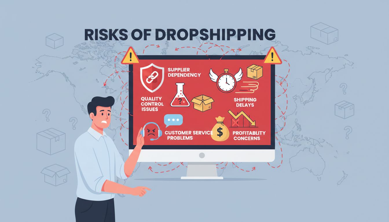 Infografía que muestra los riesgos del dropshipping incluyendo dependencia de proveedores, problemas de control de calidad, retrasos en envíos, problemas de atención al cliente y preocupaciones de rentabilidad