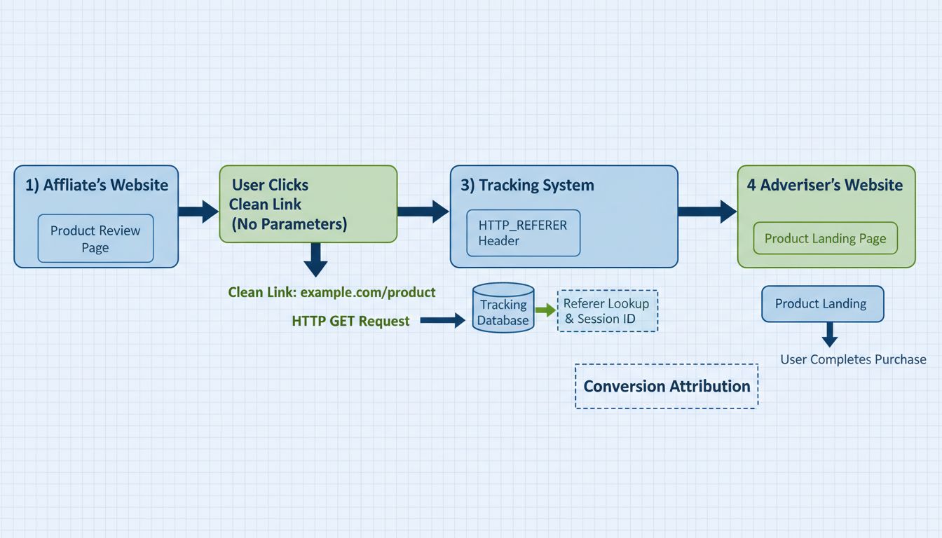 Diagrama de flujo del seguimiento de enlaces directos mostrando la transmisión del Referente HTTP desde el sitio del afiliado al anunciante
