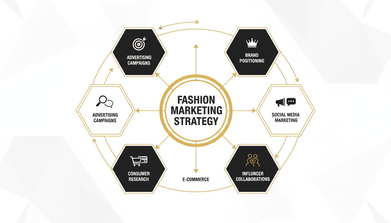 Fashion marketing strategy diagram showing brand positioning, social media marketing, influencer collaborations, e-commerce, consumer research, and advertising campaigns