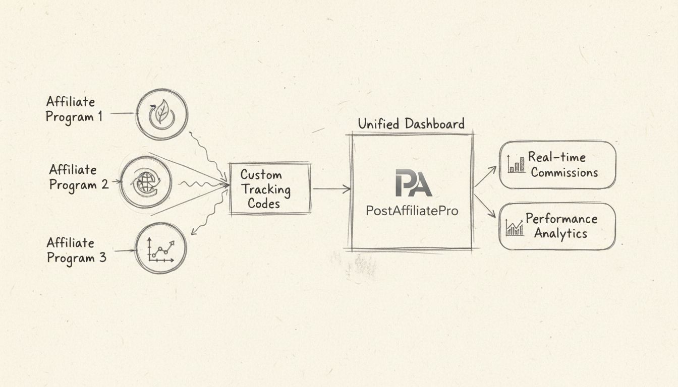 Diagrama de flujo de códigos de seguimiento de afiliados personalizados mostrando múltiples programas de afiliados consolidados en el panel unificado de PostAffiliatePro con seguimiento de comisiones en tiempo real y analítica de rendimiento