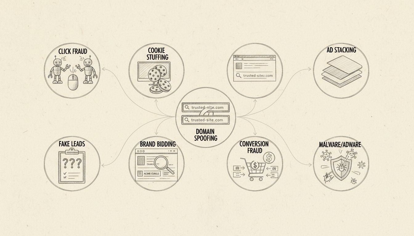 Diagrama dibujado a mano mostrando 8 tipos de fraude de afiliados, incluyendo fraude de clics, cookie stuffing, leads falsos, puja de marca, suplantación de dominio, ad stacking, fraude de conversión y malware