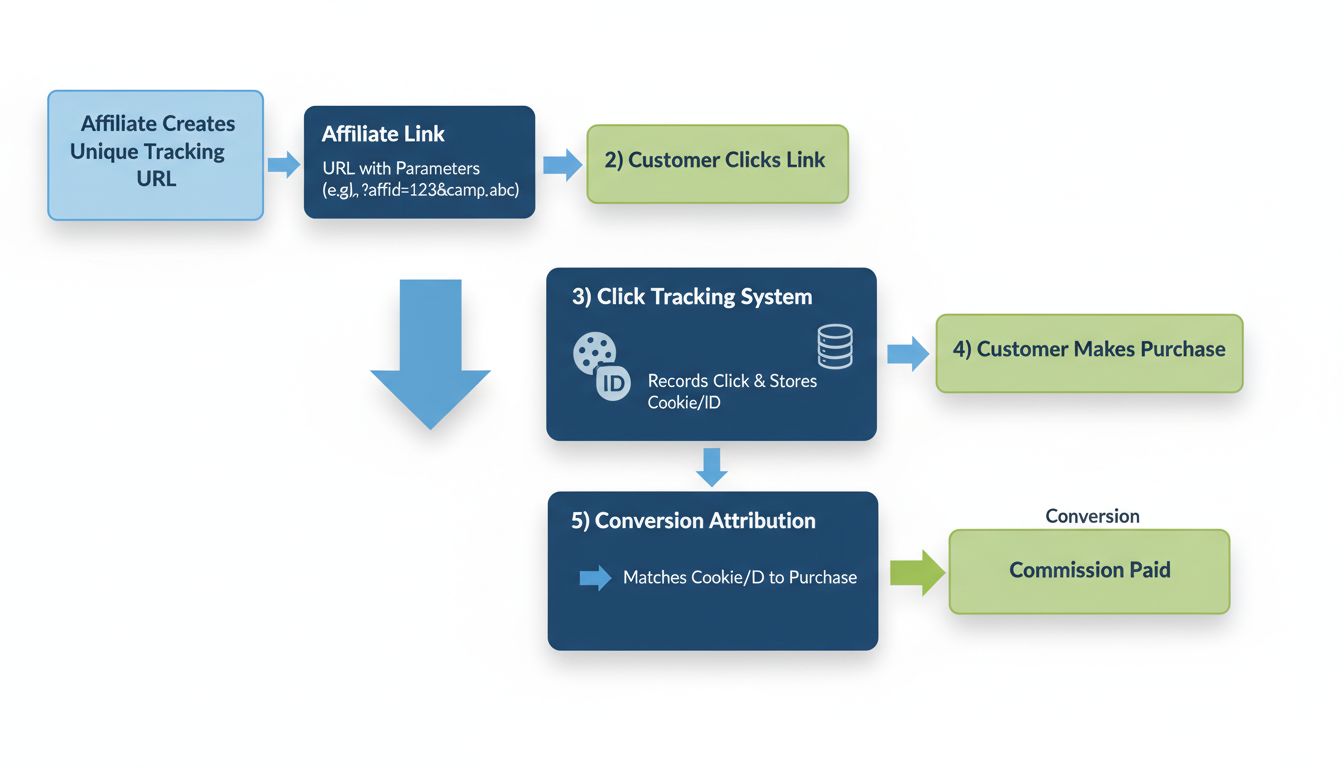 Diagrama de flujo del seguimiento de URLs que muestra la creación del enlace de afiliado, clic del cliente, sistema de seguimiento, compra y atribución de comisión