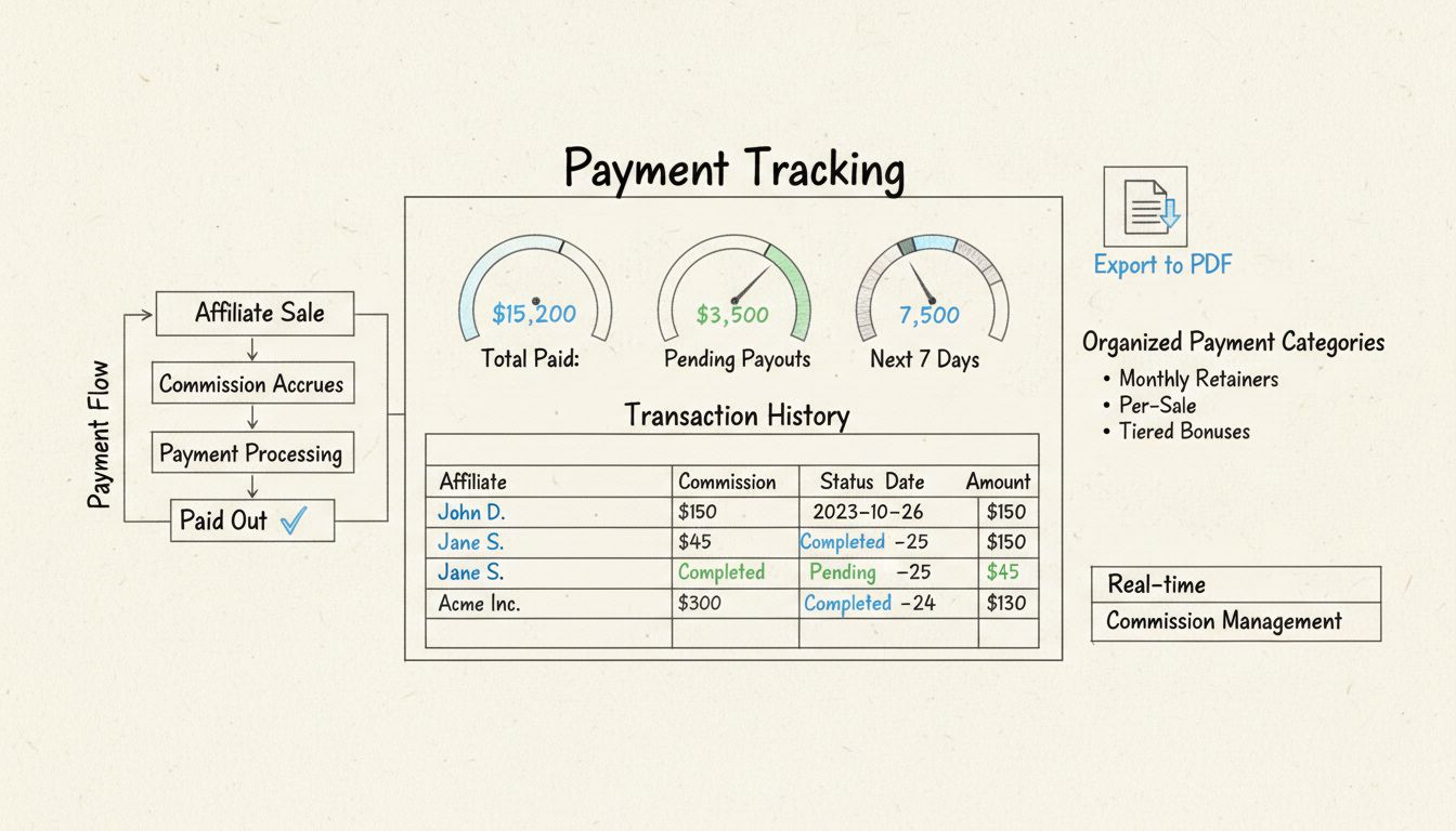 Panel de seguimiento de pagos con función de exportación a PDF mostrando historial de transacciones y gestión de comisiones