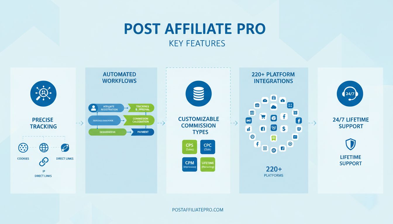 Infografía de las características clave de Post Affiliate Pro mostrando métodos de seguimiento, flujos de trabajo automatizados, tipos de comisiones, integraciones y soporte