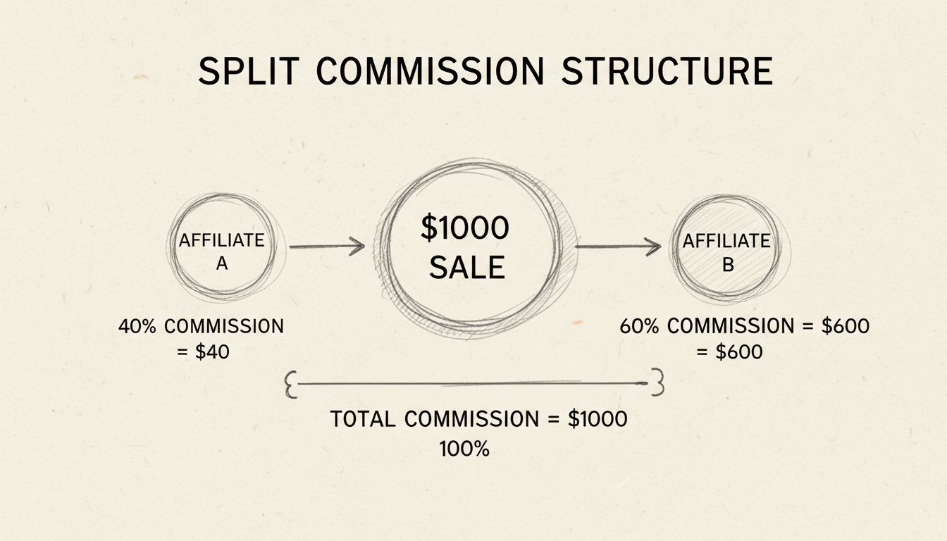 Diagrama a mano alzada que muestra la estructura de comisión dividida con dos afiliados ganando diferentes porcentajes de una venta