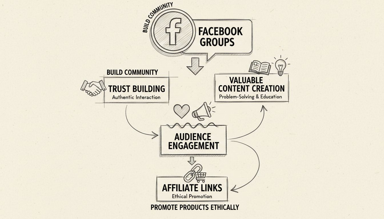Diagrama de estrategia de marketing de afiliados en Facebook que muestra la construcción de confianza, creación de contenido y flujo de promoción ética