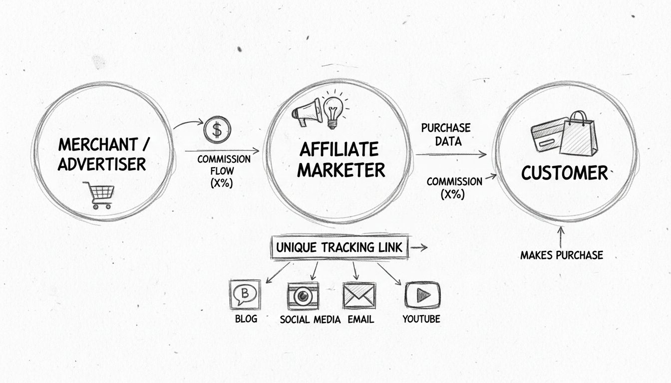 Diagrama del ecosistema del marketing de afiliados que muestra comerciante, afiliado con enlace de seguimiento y flujo de compra con flechas de comisión
