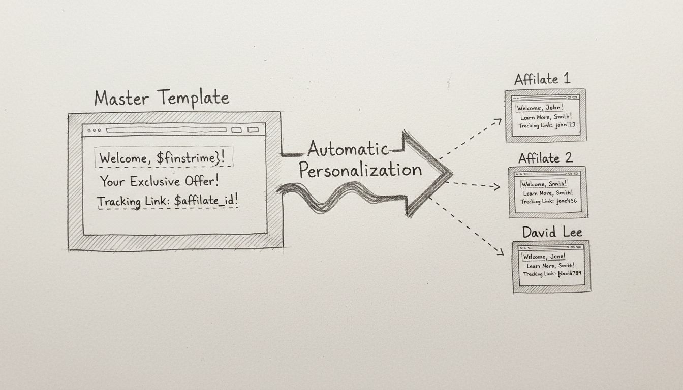 Diagrama del flujo de replicación de sitios que muestra la plantilla maestra creando automáticamente páginas de afiliados personalizadas con enlaces de seguimiento y variables únicas