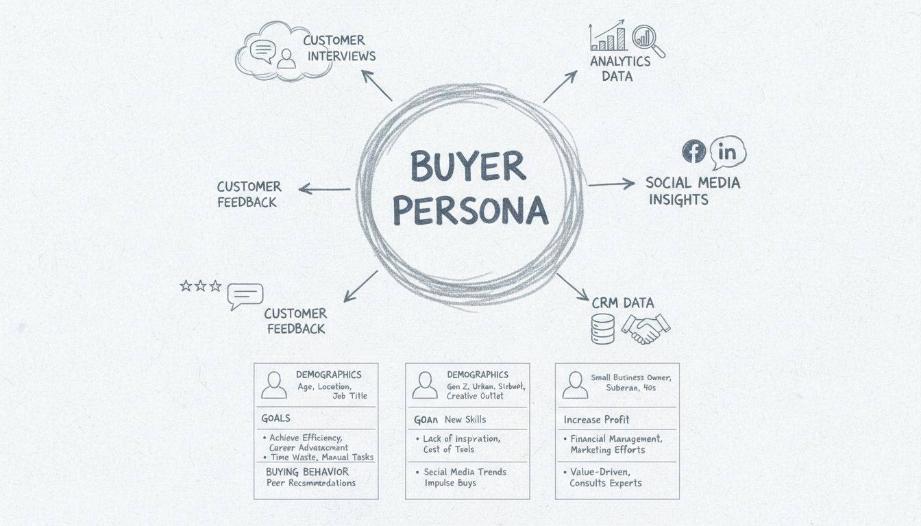 Diagrama del proceso de creación de buyer persona mostrando fuentes de investigación y componentes del perfil