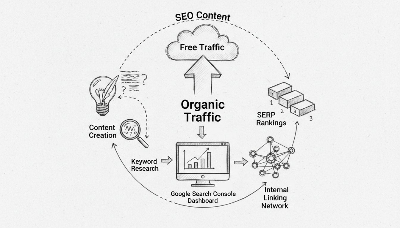 Diagrama de estrategia de contenido SEO mostrando flujo de tráfico orgánico, investigación de palabras clave, rankings en SERP y red de enlazado interno
