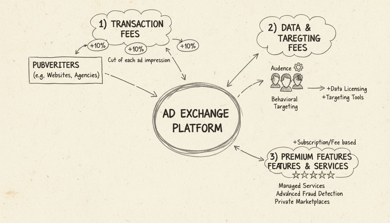 Diagrama a mano que muestra los flujos de ingresos de un intercambio de anuncios, incluyendo comisiones por transacción, servicios de datos y funciones premium
