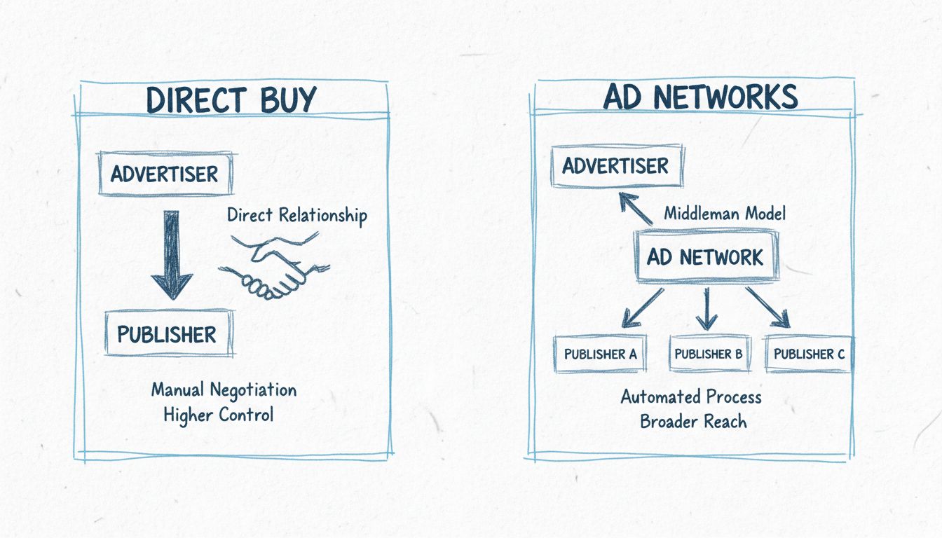 Diagrama comparativo que muestra los modelos de compra directa vs redes publicitarias con relación directa a la izquierda y modelo intermediario a la derecha