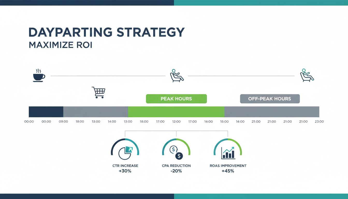 Infografía de estrategia de dayparting mostrando una línea de tiempo de 24 horas con horas pico y de baja actividad, métricas de rendimiento incluyendo aumento de CTR, reducción de CPA y mejora de ROAS