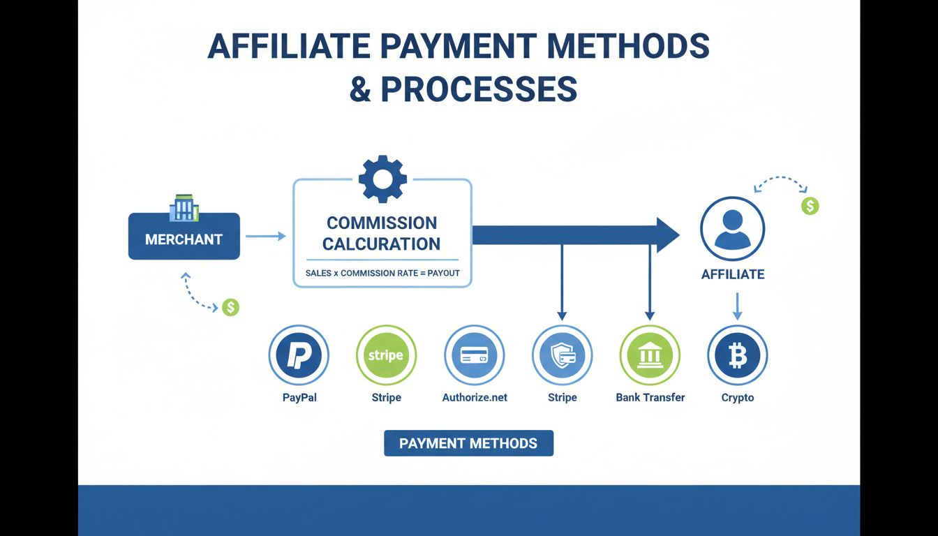 Infografía de métodos de pago para afiliados mostrando PayPal, Stripe, Authorize.net, transferencia bancaria y opciones de criptomonedas con un diagrama de flujo de comisiones