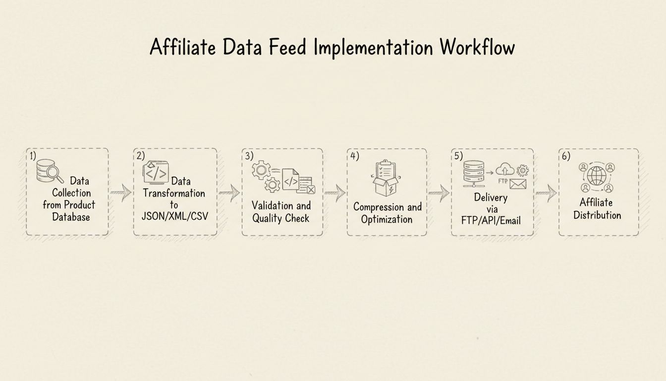Diagrama de flujo de implementación de feed de datos de afiliados mostrando etapas de recopilación de datos, transformación, validación, compresión, entrega y distribución