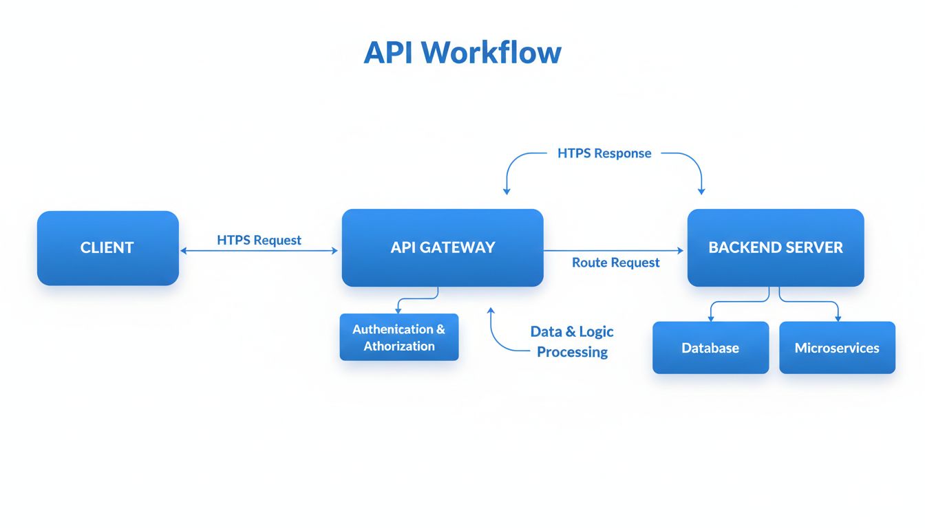 Diagrama de flujo API que muestra la aplicación cliente enviando una solicitud al gateway API, el cual la enruta al servidor backend y devuelve la respuesta