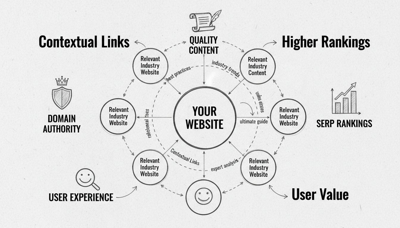 Diagrama de estrategia de construcción de enlaces contextuales mostrando conexiones de sitios web e indicadores de relevancia