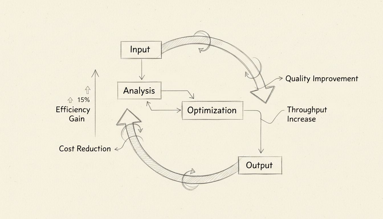 Diagrama del flujo del proceso de optimización mostrando análisis de entradas, ciclos de optimización y resultados mejorados con flecha ascendente