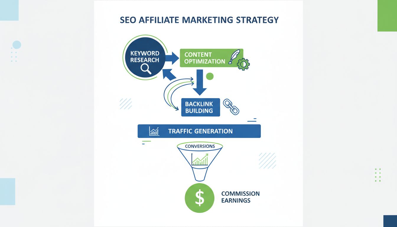Infografía de Estrategia de Marketing de Afiliados SEO mostrando investigación de palabras clave, optimización de contenido, construcción de enlaces, generación de tráfico y flujo de ganancias por comisión