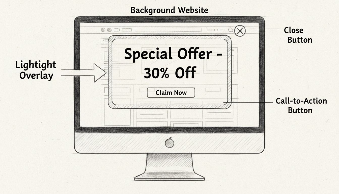 Diagrama dibujado a mano que muestra la estructura de un banner lightbox con superposición, botón de llamada a la acción, botón de cerrar y elementos del sitio web de fondo