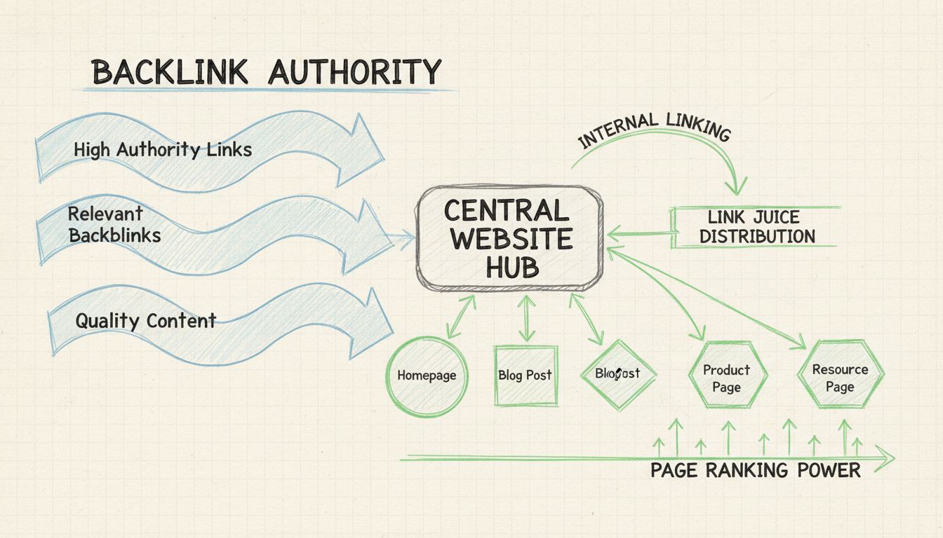 Diagrama de distribución de link juice que muestra cómo fluye la autoridad desde los backlinks a través de la estructura de enlaces internos hacia diferentes páginas