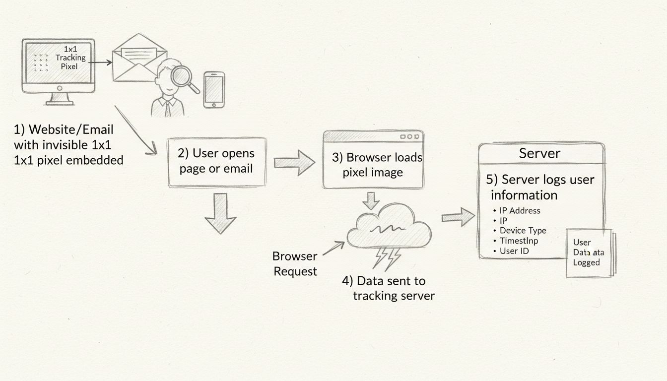 Diagrama hecho a mano que muestra el flujo del seguimiento por píxel desde el sitio web hasta el servidor