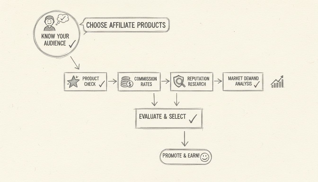 Diagrama de flujo que muestra el proceso de toma de decisiones para elegir productos de afiliados con criterios clave de evaluación