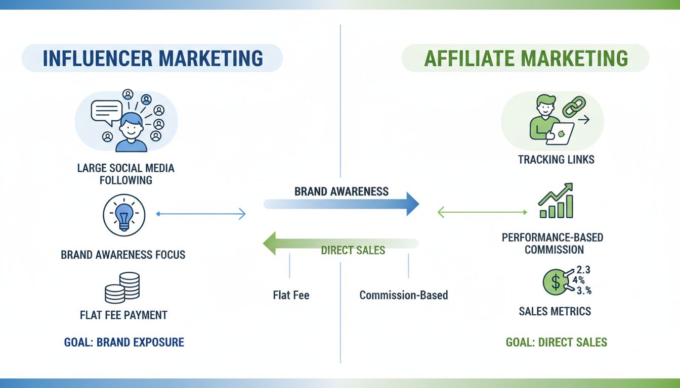 Diagrama comparativo que muestra Marketing de Influencers vs Marketing de Afiliados con diferencias clave en objetivos, modelos de pago y métricas